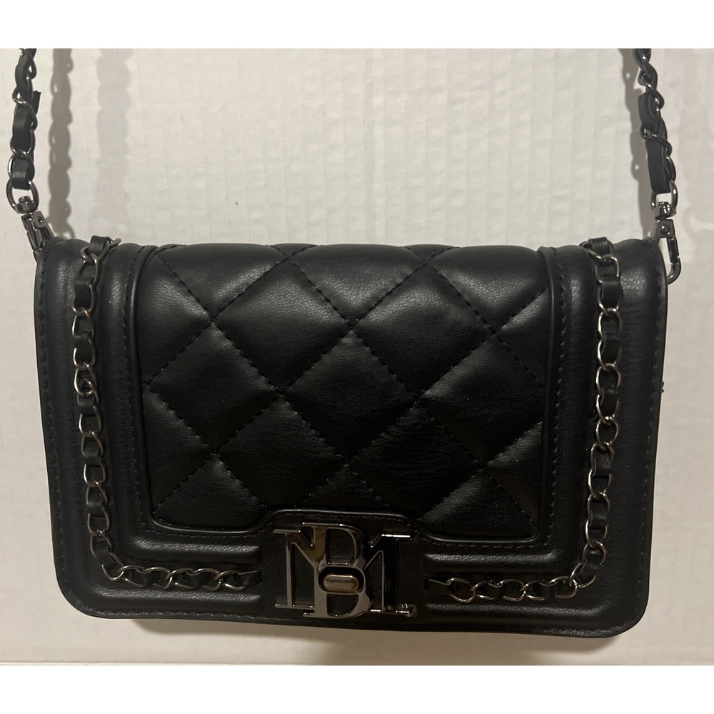 Badgley Mischka Black Flap Studded Gold Bag Leather Crossbody Purse Shoulder Bag